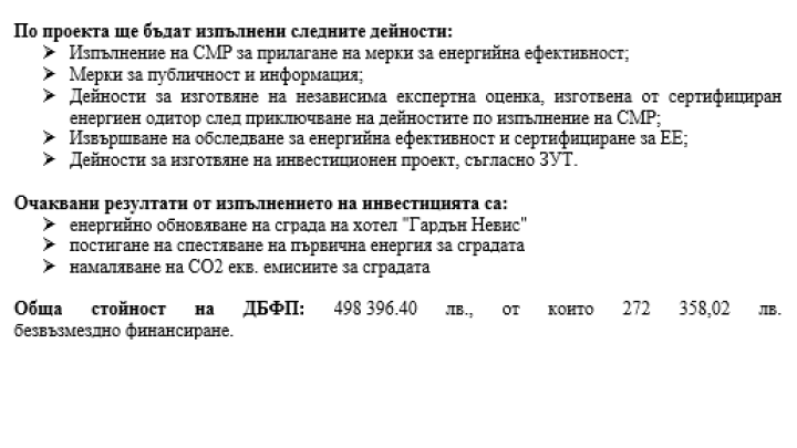 „Енергийно обновяване на хотел „Гардън Невис“ по процедура BG-RRP-4.021 